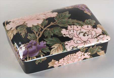Cloisonne Peony Black Double Deck Playing Card Box & Lid