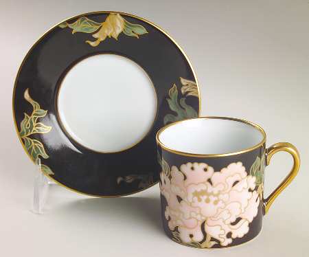 Cloisonne Peony Black Flat Demitasse Cup & Saucer Set