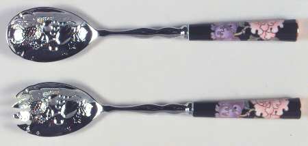 Cloisonne Peony Black (2 Piece) Salad Set with Stainless Bowl
