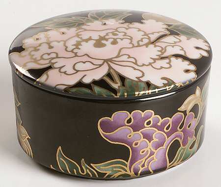 Cloisonne Peony Black 2" Round Box & Lid