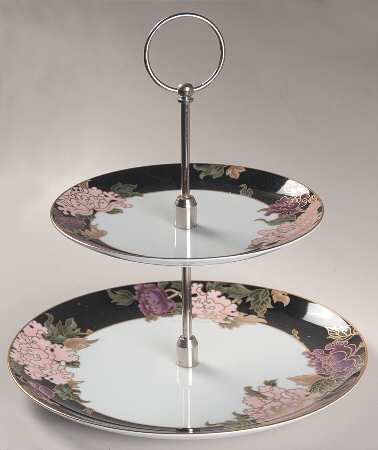 Cloisonne Peony Black 2 Tiered Serving Tray (Dinner & Salad Plate)