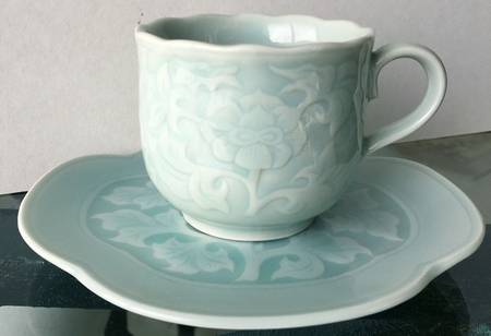 Crest (Celadon Blue) Footed Cup & Saucer Set