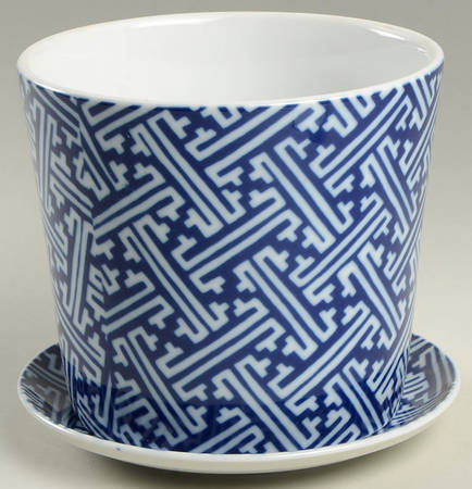 Oriental Geometric Blue 5" Flower Pot & Underplate
