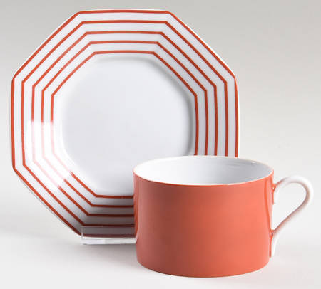 Pin Stripe Terra Cotta Flat Cup & Saucer Set