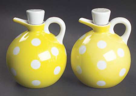 Polka Dots (White Dots on Yellow) Vinegar and Oil Set with "V" and "O" Stoppers