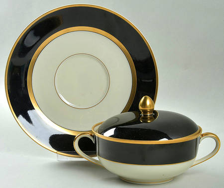 Renaissance Black On Buff Flat Cream Soup Bowl & Saucer Set with Lid