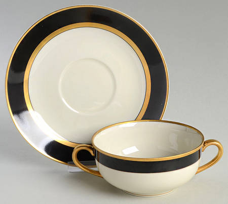 Renaissance Black On Buff Flat Cream Soup Bowl & Saucer Set