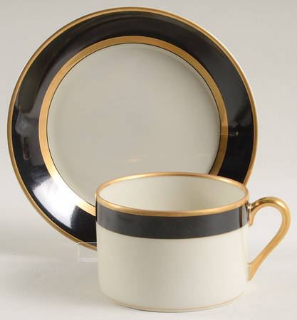 Renaissance Black On Buff Flat Cup & Saucer Set by Fitz & Floyd