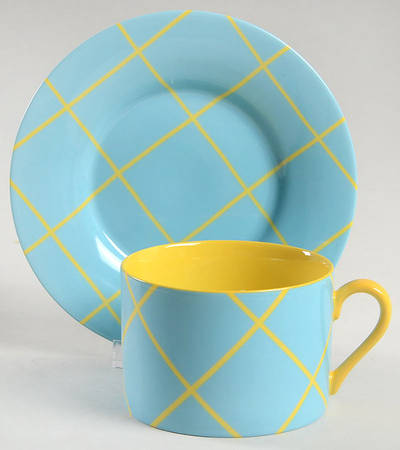 Windowpane (Yellow Stripes on Aqua) Flat Cup & Saucer Set