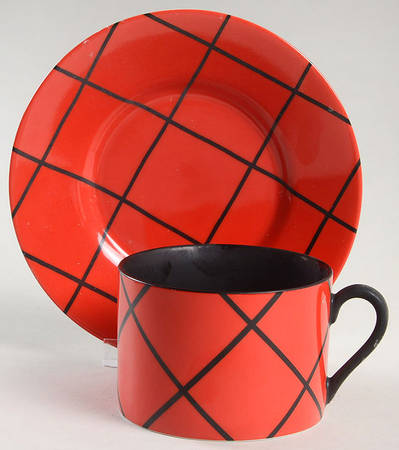 Windowpane (Black Stripes on Red) Flat Cup & Saucer Set