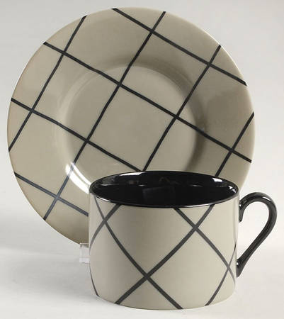Windowpane (Black Stripes on Taupe) Flat Cup & Saucer Set