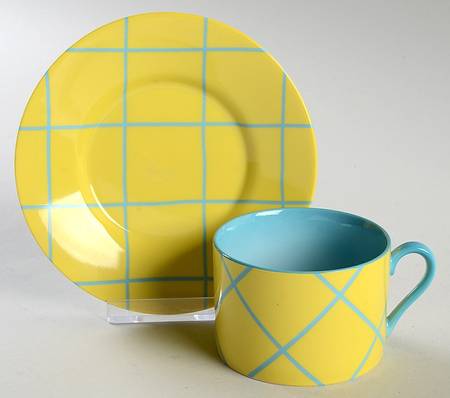 Windowpane (Aqua on Yellow) Flat Cup & Saucer Set