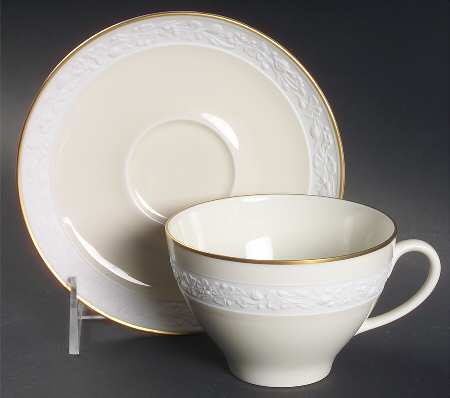 Ariana (Embossed, Gold Trim, Coupe) Flat Cup & Saucer Set