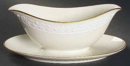 Ariana (Embossed, Gold Trim, Coupe) Gravy Boat with Attached Underplate