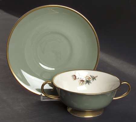 Avalon Sage Green (Gold Trim) Footed Cream Soup Bowl & Saucer Set