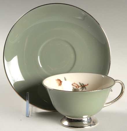 Avalon Sage Green (Platinum Trim) Footed Cup & Saucer Set