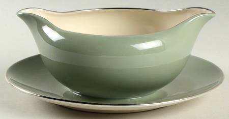 Avalon Sage Green (Platinum Trim) Gravy Boat with Attached Underplate