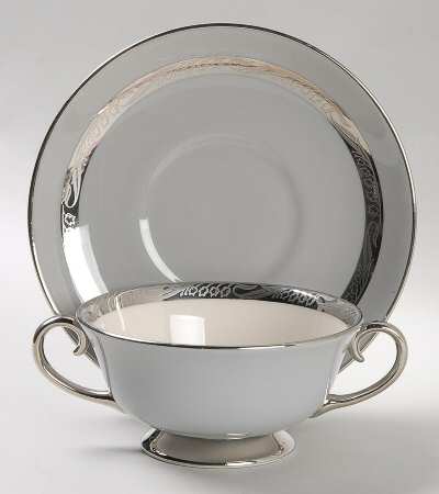 Bridal Wreath Gray Footed Cream Soup Bowl & Saucer Set