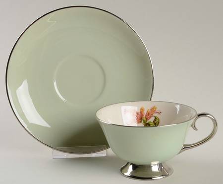 Cambria Light Green (Platinum Trim) Footed Cup & Saucer Set