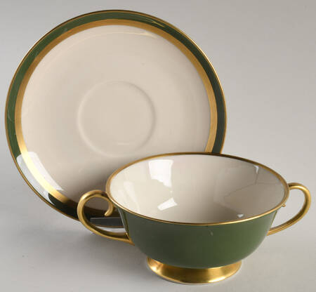 Contessa Spanish Green (Gold Trim, Coupe) Footed Cream Soup Bowl & Saucer Set