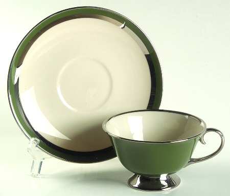 Contessa Spanish Green (Platinum Trim, Rim) Footed Cup & Saucer Set