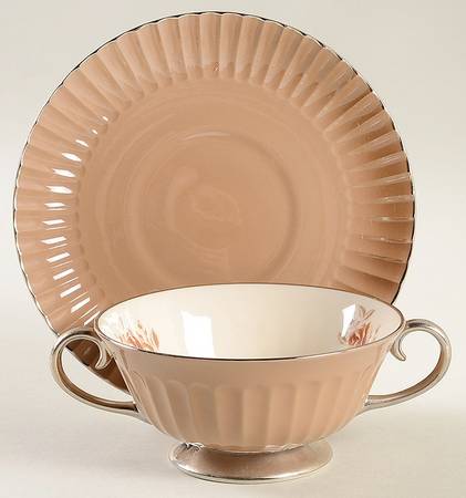 Cocoa Rose Flutes Footed Cream Soup Bowl & Saucer Set