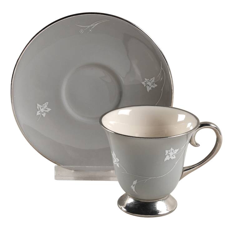 Damask Leaf Grey Footed Demitasse Cup & Saucer Set