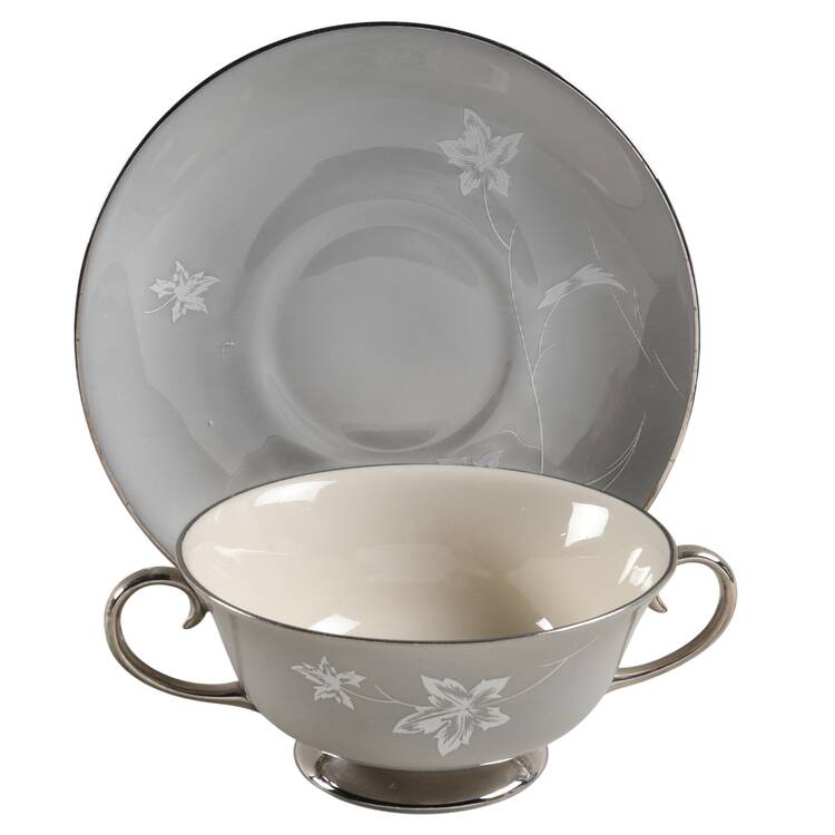 Damask Leaf Grey Footed Cream Soup Bowl & Saucer Set