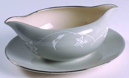 Damask Leaf Grey Gravy Boat with Attached Underplate
