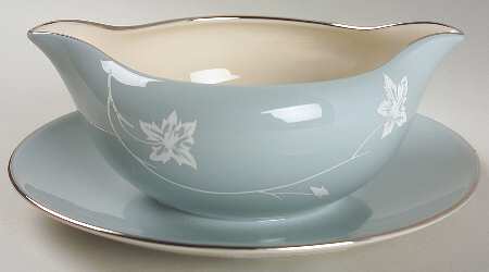 Damask Leaf Strata Blue Gravy Boat with Attached Underplate