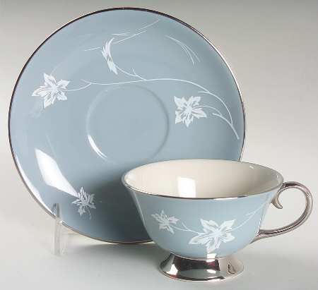 Damask Leaf Strata Blue Flat Cup & Saucer Set