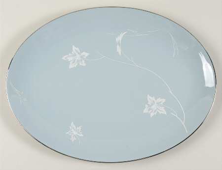 Damask Leaf Strata Blue 14" Oval Serving Platter