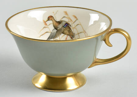 Game Birds Sage Green (Gold Trim, Rim) Footed Cup