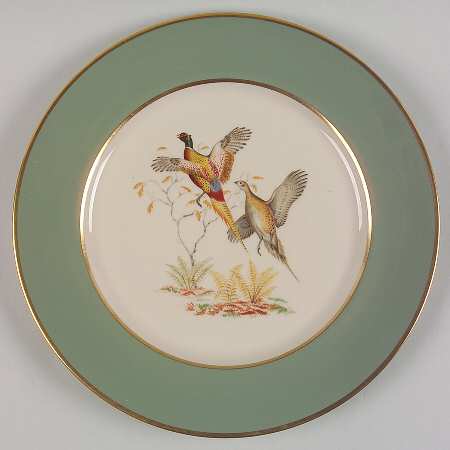 Game Birds Sage Green (Gold Trim, Rim) Dinner Plate