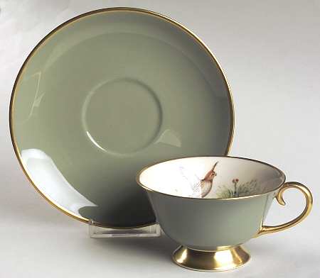 Game Birds Sage Green (Gold Trim, Rim) Footed Cup & Saucer Set