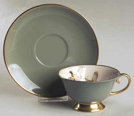 Game Birds Sage Green (Gold Trim, Rim) Footed Cup & Saucer Set