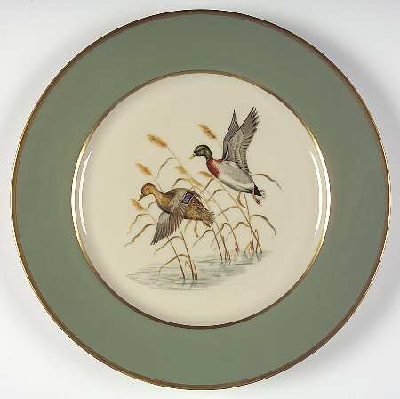 Game Birds Sage Green (Gold Trim, Rim) Dinner Plate