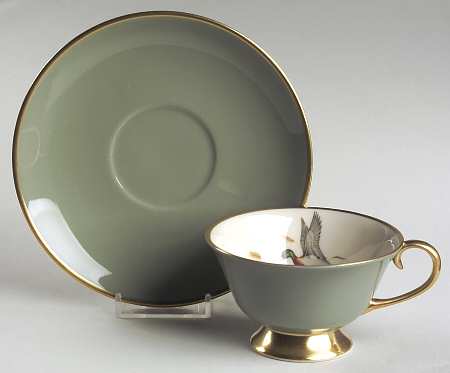 Game Birds Sage Green (Gold Trim, Rim) Footed Cup & Saucer Set