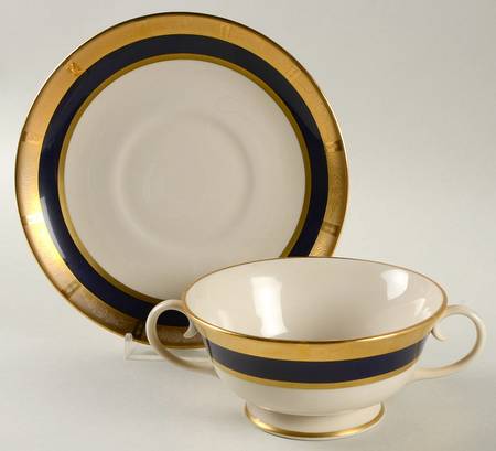 Georgian Rose Cobalt Blue (.35 Gold Band) Footed Cream Soup Bowl & Saucer Set