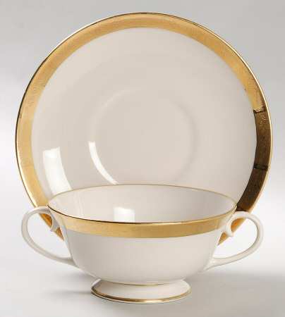 Georgian Rose No Color Band (Gold Trim, Rim) Footed Cream Soup Bowl & Saucer Set