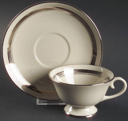 Grecian Key No Color Band (Platinum Trim, Coupe) Footed Cup & Saucer Set