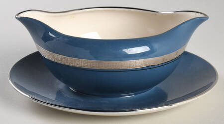 Grecian Key Mystic (Platinum Trim, Coupe) Gravy Boat with Attached Underplate