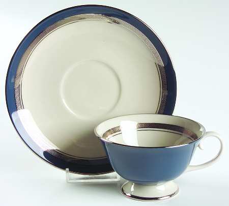 Grecian Key Mystic (Platinum Trim, Rim) Footed Cup & Saucer Set
