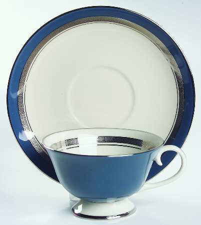 Grecian Key Peacock Blue (Platinum Trim, Rim) Footed Cup & Saucer Set