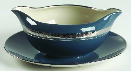 Grecian Key Peacock Blue (Platinum Trim, Rim) Gravy Boat with Attached Underplate