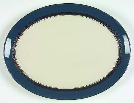 Grecian Key Peacock Blue (Platinum Trim, Rim) 14" Oval Serving Platter