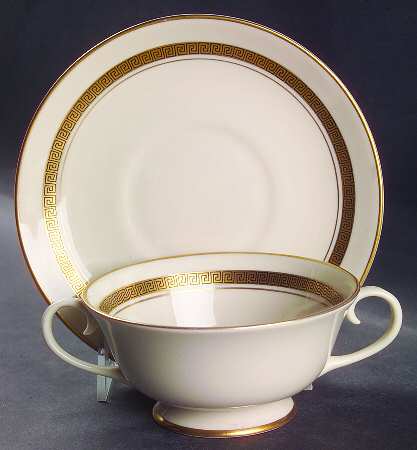 Grecian Key No Color Band (Gold Trim, Rim) Footed Cream Soup Bowl & Saucer Set