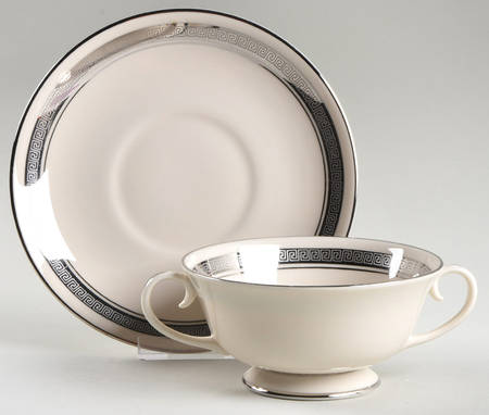 Grecian Key No Color Band (Platinum Trim, Rim) Footed Cream Soup Bowl & Saucer Set by Flintridge
