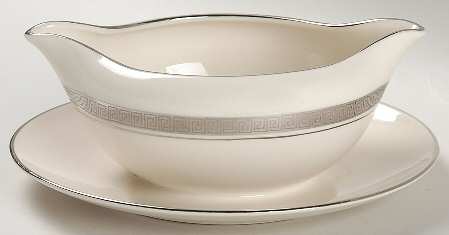 Grecian Key No Color Band (Platinum Trim, Rim) Gravy Boat with Attached Underplate