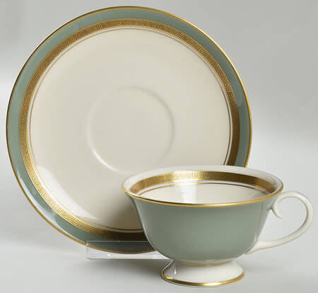 Grecian Key Sage Green (Gold Trim, Coupe) Footed Cup & Saucer Set